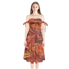 Marbled Paper Mottle Color Movement Shoulder Tie Bardot Midi Dress by Wegoenart