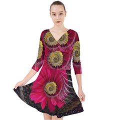 Fantasy Flower Fractal Blossom Quarter Sleeve Front Wrap Dress by Wegoenart