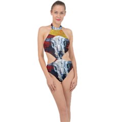 Skull 2 Halter Side Cut Swimsuit