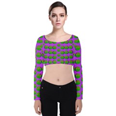 The Happy Eyes Of Freedom In Polka Dot Cartoon Pop Art Velvet Long Sleeve Crop Top by pepitasart