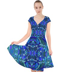 Abstract #8   I   Aqua Blues 6000 Cap Sleeve Front Wrap Midi Dress