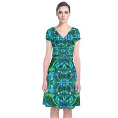 Abstract #8   I   Blues & Greens 6000 Short Sleeve Front Wrap Dress by KesaliSkyeArt