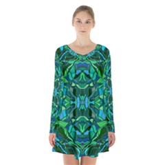 Abstract #8   I   Blues & Greens 6000 Long Sleeve Velvet V-neck Dress