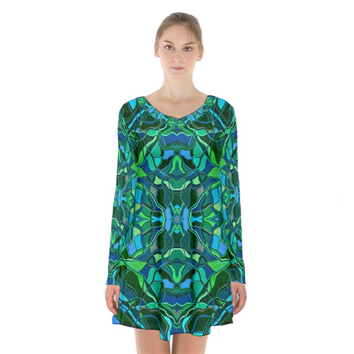 Abstract #8   I   Blues & Greens 6000 Long Sleeve Velvet V-neck Dress