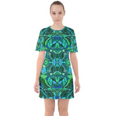 Abstract #8   I   Blues & Greens 6000 Sixties Short Sleeve Mini Dress by KesaliSkyeArt