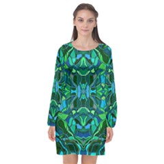 Abstract #8   I   Blues & Greens 6000 Long Sleeve Chiffon Shift Dress  by KesaliSkyeArt