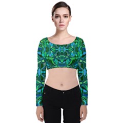 Abstract #8   I   Blues & Greens 6000 Velvet Long Sleeve Crop Top