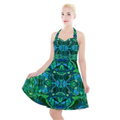 Abstract #8   I   Blues & Greens 6000 Halter Party Swing Dress 