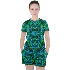 Abstract #8   I   Blues & Greens 6000 Women s Tee And Shorts Set