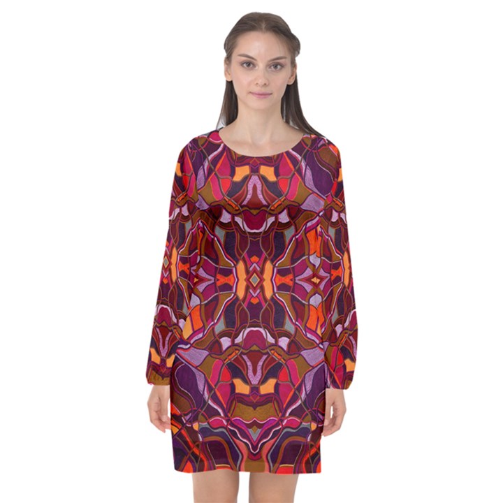 Abstract #8   I   Carmine 6000 Long Sleeve Chiffon Shift Dress 