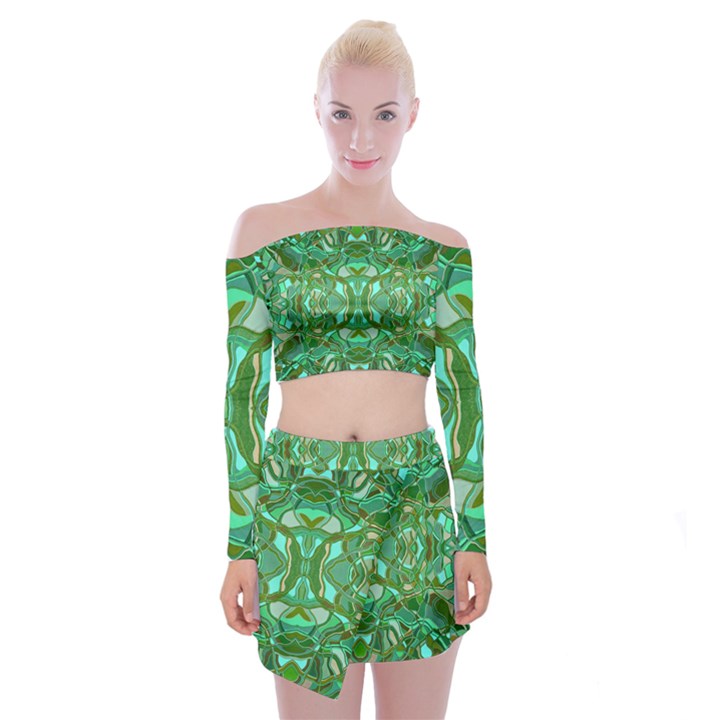 Abstract #8   Aqua Jungle 6000 Off Shoulder Top with Mini Skirt Set