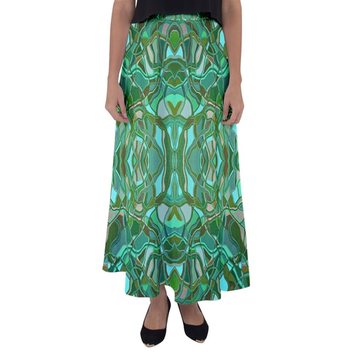 Abstract #8   Aqua Jungle 6000 Flared Maxi Skirt