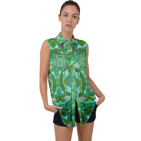 Abstract #8   Aqua Jungle 6000 Sleeveless Chiffon Button Shirt by KesaliSkyeArt