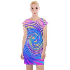 Cool Abstract Pink Blue And Yellow Twirl Liquid Art Cap Sleeve Bodycon Dress