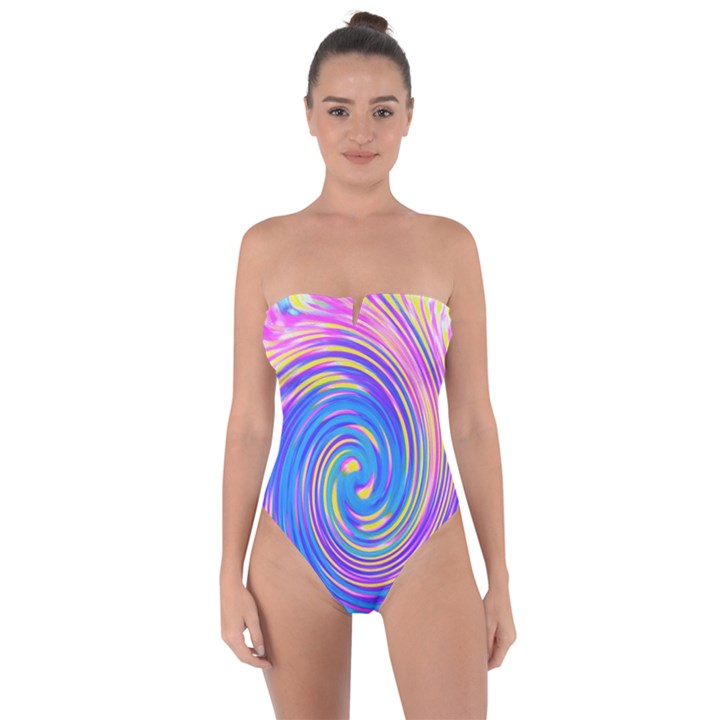 Cool Abstract Pink Blue And Yellow Twirl Liquid Art Tie Back One Piece Swimsuit