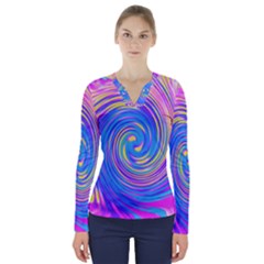 Cool Abstract Pink Blue And Yellow Twirl Liquid Art V-neck Long Sleeve Top