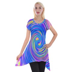 Cool Abstract Pink Blue And Yellow Twirl Liquid Art Short Sleeve Side Drop Tunic by myrubiogarden