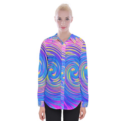 Cool Abstract Pink Blue And Yellow Twirl Liquid Art Womens Long Sleeve Shirt by myrubiogarden