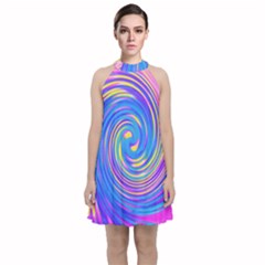 Cool Abstract Pink Blue And Yellow Twirl Liquid Art Velvet Halter Neckline Dress 