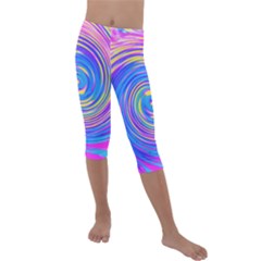 Cool Abstract Pink Blue And Yellow Twirl Liquid Art Kids  Lightweight Velour Capri Leggings  by myrubiogarden