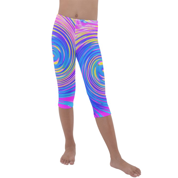 Cool Abstract Pink Blue And Yellow Twirl Liquid Art Kids  Lightweight Velour Capri Leggings 