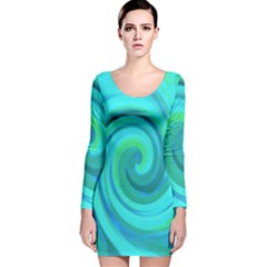 Groovy Cool Abstract Aqua Liquid Art Swirl Painting Long Sleeve Velvet Bodycon Dress