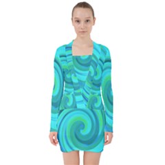 Groovy Cool Abstract Aqua Liquid Art Swirl Painting V-neck Bodycon Long Sleeve Dress by myrubiogarden