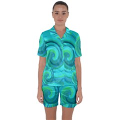 Groovy Cool Abstract Aqua Liquid Art Swirl Painting Satin Short Sleeve Pyjamas Set by myrubiogarden