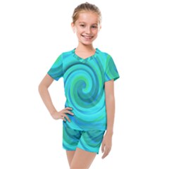 Groovy Cool Abstract Aqua Liquid Art Swirl Painting Kids  Mesh Tee And Shorts Set