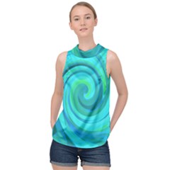 Groovy Cool Abstract Aqua Liquid Art Swirl Painting High Neck Satin Top