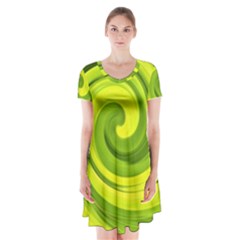 Groovy Abstract Green Liquid Art Swirl Painting Short Sleeve V-neck Flare Dress