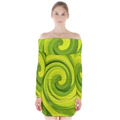 Groovy Abstract Green Liquid Art Swirl Painting Long Sleeve Off Shoulder Dress by myrubiogarden