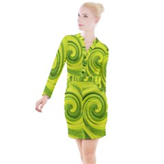 Groovy Abstract Green Liquid Art Swirl Painting Button Long Sleeve Dress