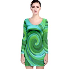 Groovy Abstract Turquoise Liquid Swirl Painting Long Sleeve Velvet Bodycon Dress