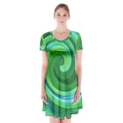 Groovy Abstract Turquoise Liquid Swirl Painting Short Sleeve V-neck Flare Dress by myrubiogarden