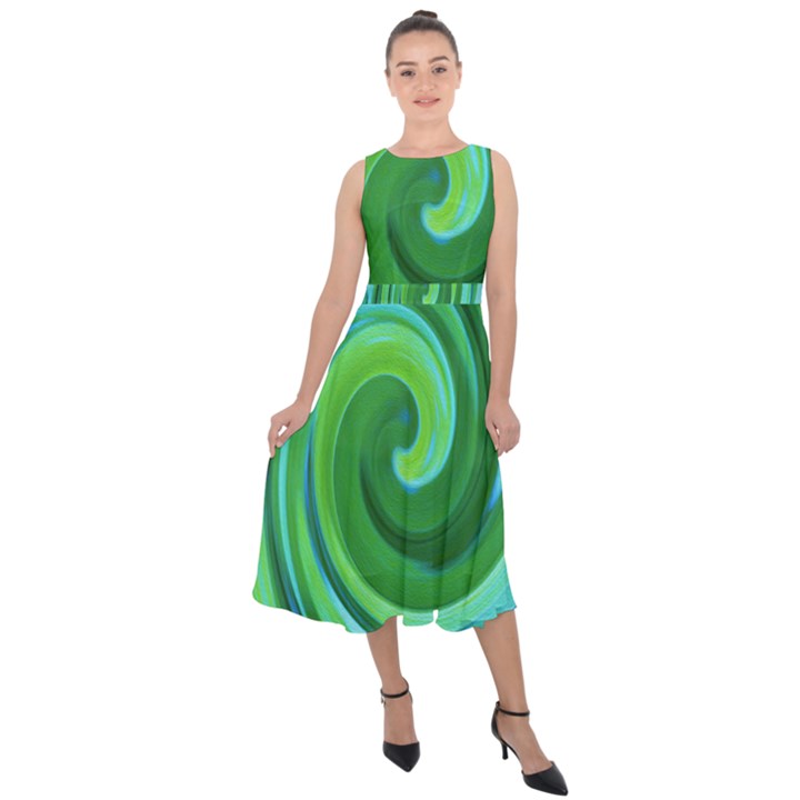 Groovy Abstract Turquoise Liquid Swirl Painting Midi Tie-Back Chiffon Dress