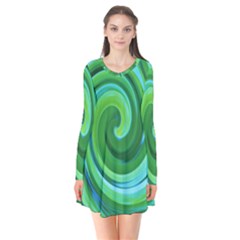 Groovy Abstract Turquoise Liquid Swirl Painting Long Sleeve V-neck Flare Dress