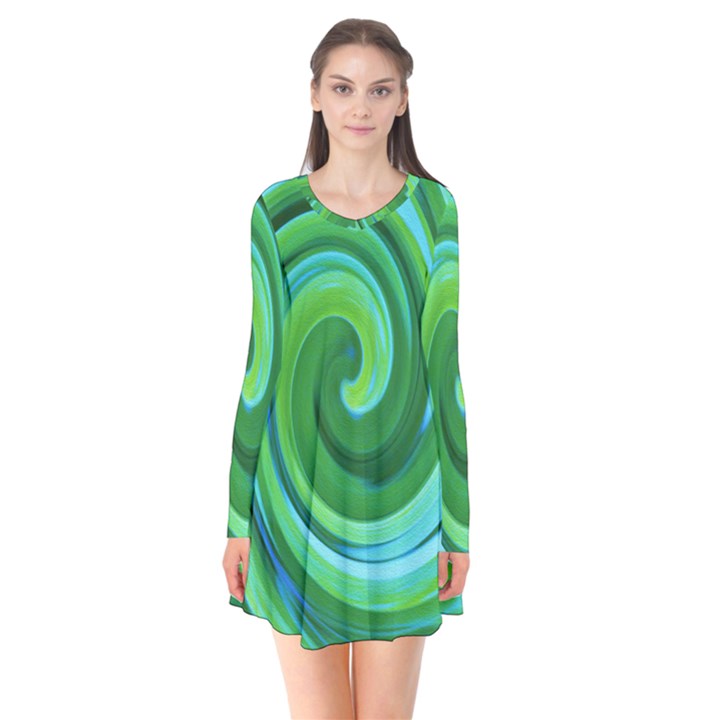 Groovy Abstract Turquoise Liquid Swirl Painting Long Sleeve V-neck Flare Dress