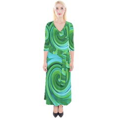 Groovy Abstract Turquoise Liquid Swirl Painting Quarter Sleeve Wrap Maxi Dress