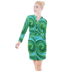 Groovy Abstract Turquoise Liquid Swirl Painting Button Long Sleeve Dress