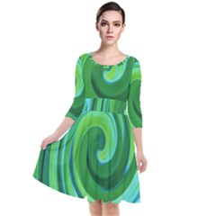 Groovy Abstract Turquoise Liquid Swirl Painting Quarter Sleeve Waist Band Dress