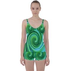 Groovy Abstract Turquoise Liquid Swirl Painting Tie Front Two Piece Tankini by myrubiogarden