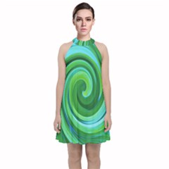 Groovy Abstract Turquoise Liquid Swirl Painting Velvet Halter Neckline Dress 