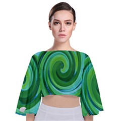 Groovy Abstract Turquoise Liquid Swirl Painting Tie Back Butterfly Sleeve Chiffon Top