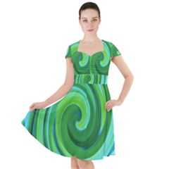 Groovy Abstract Turquoise Liquid Swirl Painting Cap Sleeve Midi Dress