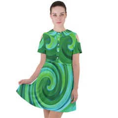 Groovy Abstract Turquoise Liquid Swirl Painting Short Sleeve Shoulder Cut Out Dress 