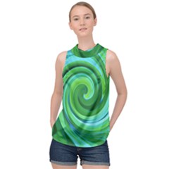 Groovy Abstract Turquoise Liquid Swirl Painting High Neck Satin Top