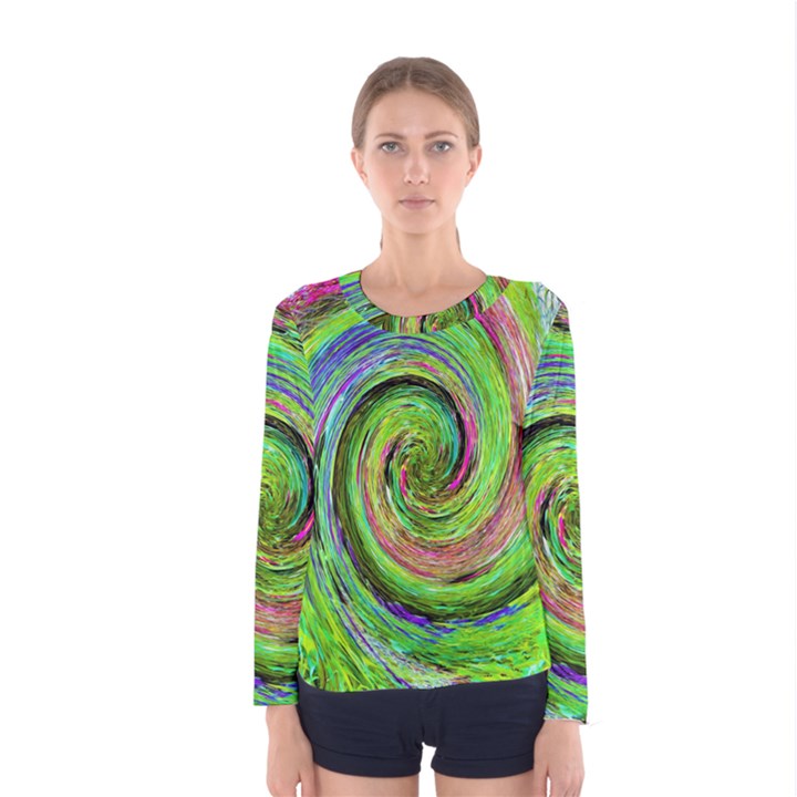 Groovy Abstract Green And Crimson Liquid Swirl Women s Long Sleeve Tee