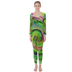 Groovy Abstract Green And Crimson Liquid Swirl Long Sleeve Catsuit by myrubiogarden