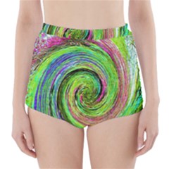 Groovy Abstract Green And Crimson Liquid Swirl High-waisted Bikini Bottoms by myrubiogarden